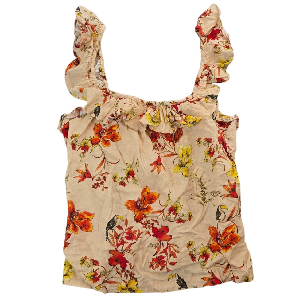 Evereve Char Flutter Tank Floral Toucan Ruffle Strap Tank Top Blouse Linen Blend